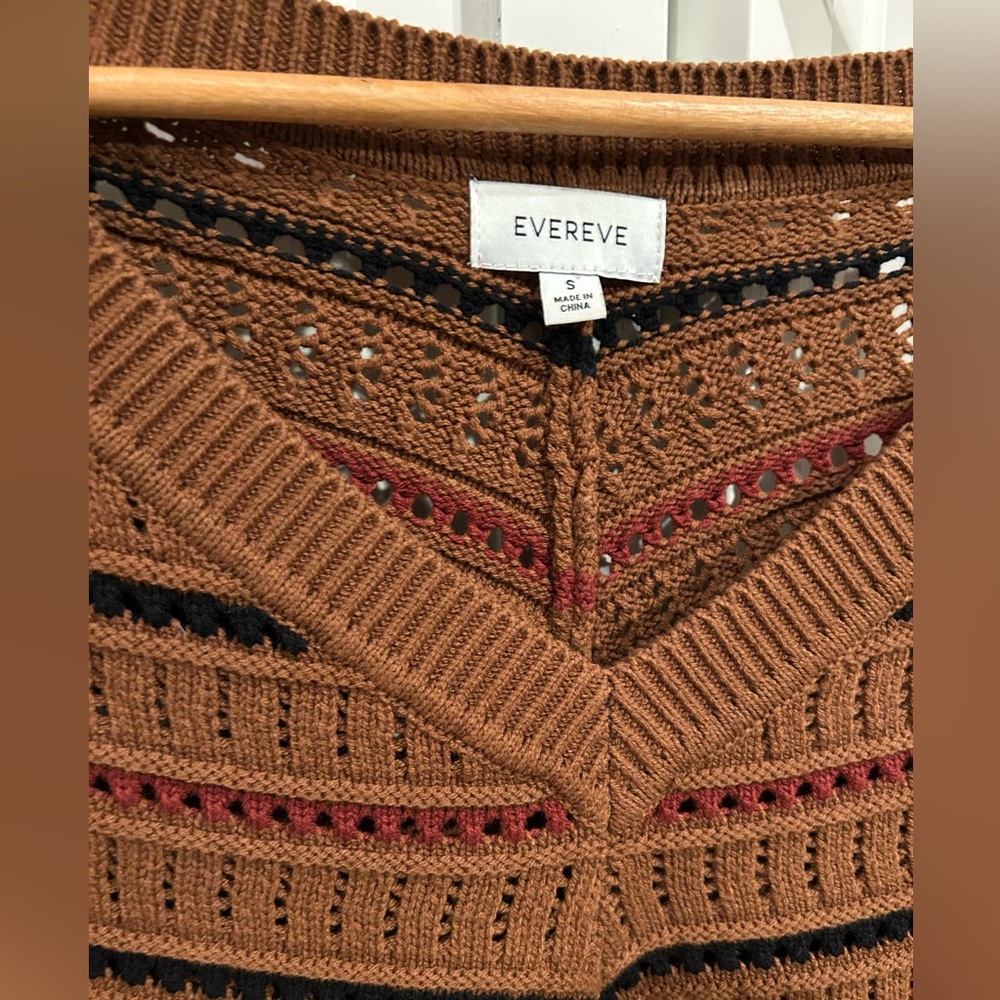 Evereve Brown V-Neck Openwork Sweater with Black and Red Stripes - Picture 3 of 3